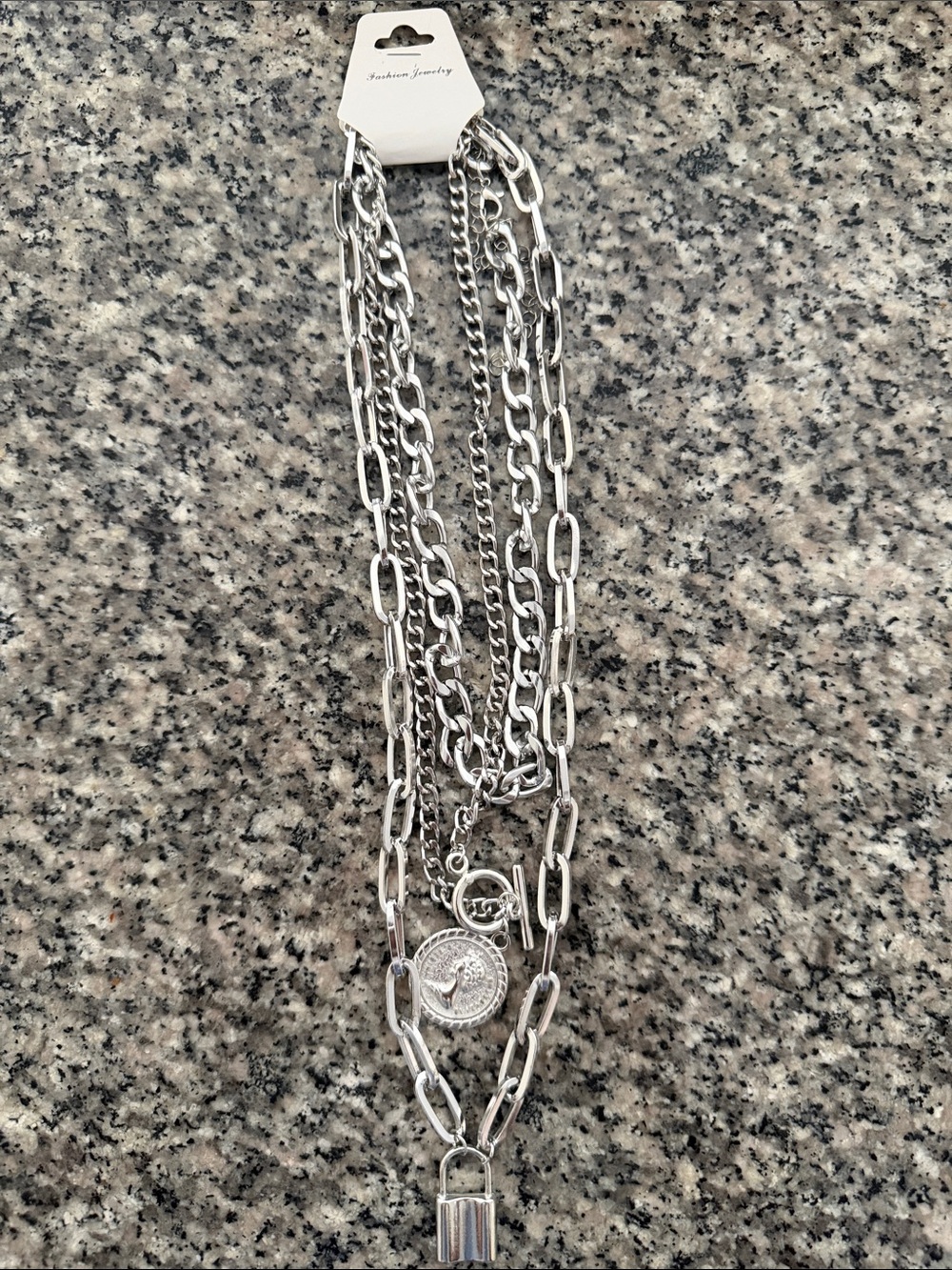Jewelry Layered Chain Necklace with Coin and Lock Charms